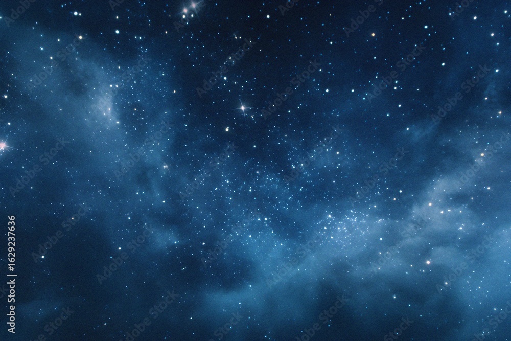 Obraz premium Starry sky background, blue night sky full of stars, glowing stars in the dark space, starry background, dark night, stars in the distance, starlight, dark background with a blue glow, night sky. 