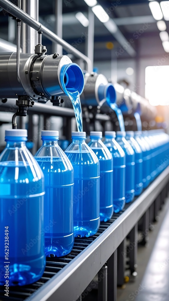 Automated liquid filling line, blue liquid filling plastic bottles on conveyor belt Automated liquid filling line, blue liquid filling plastic bottles on conveyor belt