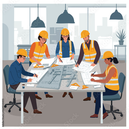 A diverse team of architects and engineers collaboratively review blueprints and plans, strategizing and working together in a modern office setting to ensure a successful project.
