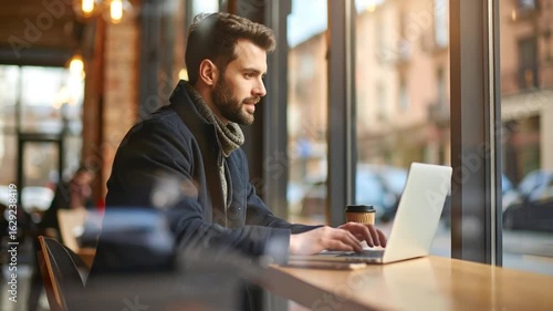 Man working on laptop in cafe