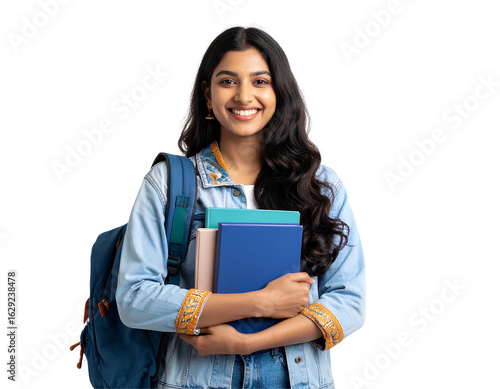 Portrait of a happy young Indian female student holding a book and wearing a backpack, ready for college or university, isolated on transparent background