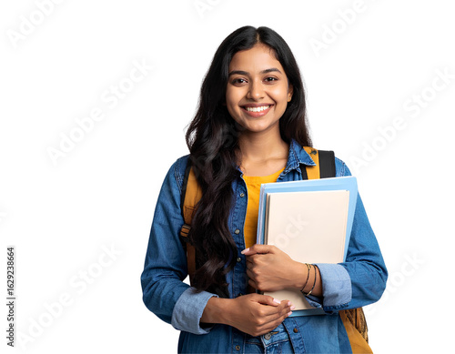 Portrait of a happy young Indian female student holding a book and wearing a backpack, ready for college or university, isolated on transparent background