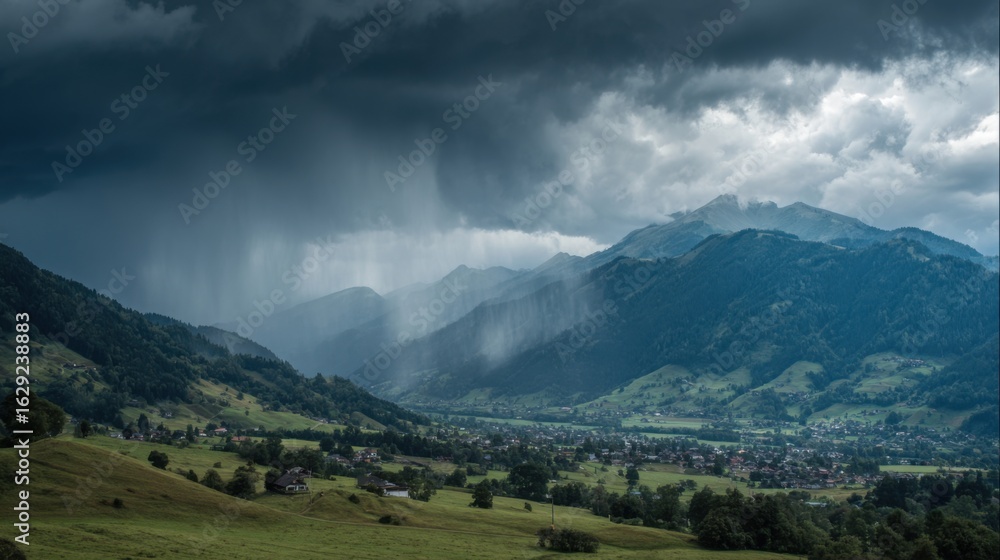 Fototapeta premium Dark clouds loom ominously over a lush valley surrounded by towering mountains, while rain showers create a dramatic atmosphere during late afternoon.