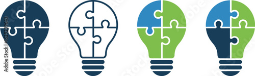 Four puzzle lightbulbs representing ideas teamwork and problem solving solutions