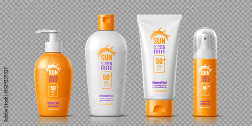 Sunscreen cosmetic cream bottles, skincare protection product mockup in vibrant containers, featuring spf 50 plus labeling. Realistic 3d vector bottles with pump, squeeze, tube and spray bottle types