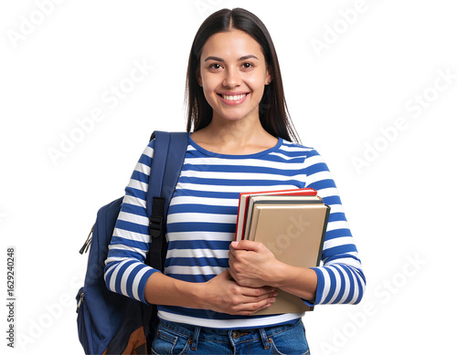 Young beautiful college student with backpack holding a book, isolated on transparent background