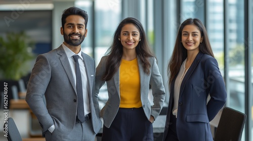 Young Indian professionals confidently posing in bright modern office space