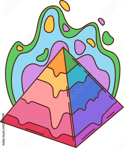Retro psychedelic pyramid hippie groovy symbol. Magic and religion cartoon vintage vector symbol, illuminati mystic knowledge groovy 80s symbol. Egyptian pyramid funky retro icon or hippie 60s print
