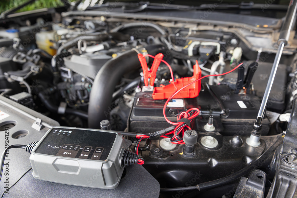 Fototapeta premium Man is charge a car AGM battery with a portable charger.