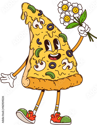 Groovy birthday party cartoon character, pizza with funny face and flowers, vector holiday emoji. Groovy pizza slice character with happy smile and daisy flowers for gift on birthday party celebration