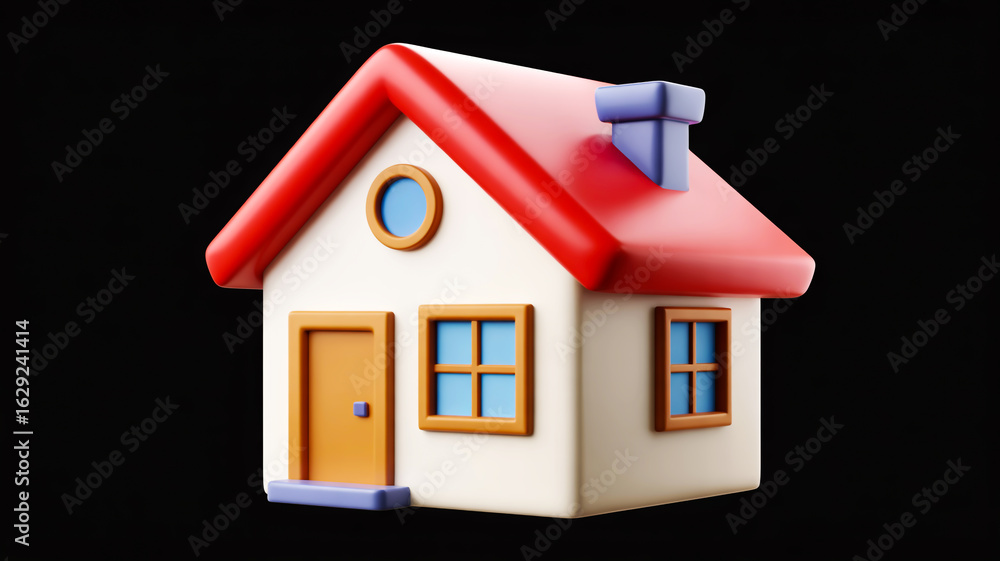 3D cartoon house, bright red pitched roof, white walls, vivid colors 3D cartoon house, bright red pitched roof, white walls, vivid colors