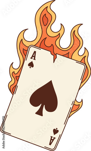 Burning ace of spaces playing card groovy object. Vegas gambling and casino poker card game cartoon vintage vector object. Luck and fortune funky retro symbol, groovy icon with flaming ace of spades