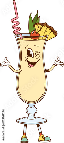 Pina colada cocktail drink retro groovy character. Party cocktail groovy vector happy character, bar alcohol drink funny mascot. Pina colada beverage cute character with pineapple, cherry and straw