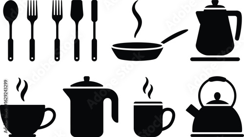 Collection of black kitchen utensil and drinkware icons
