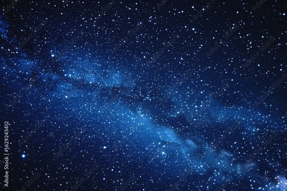 Obraz premium Starry sky background, blue night sky full of stars, glowing stars in the dark space, starry background, dark night, stars in the distance, starlight, dark background with a blue glow, night sky. 