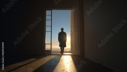 Man in a Coat Silhouetted in a Doorway, Stepping into the Golden Sunrise.