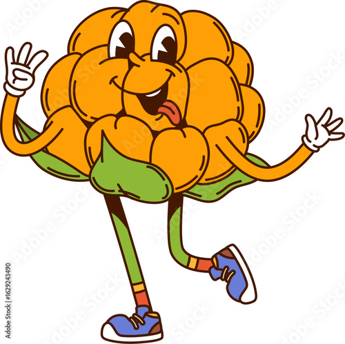 Cartoon groovy hippie cloudberry berry character with funny silly face, vector freaky fruit. Groovy cloudberry berry with tongue out and trippy smile in hippie shoes for retro cartoon fruit character