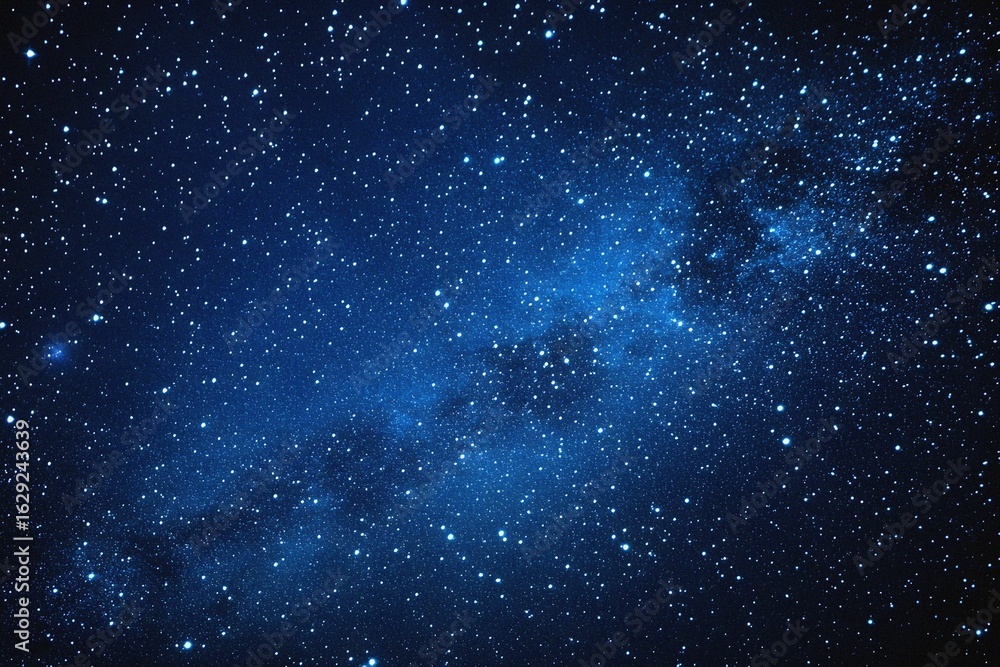 Fototapeta premium Starry sky background, blue night sky full of stars, glowing stars in the dark space, starry background, dark night, stars in the distance, starlight, dark background with a blue glow, night sky. 