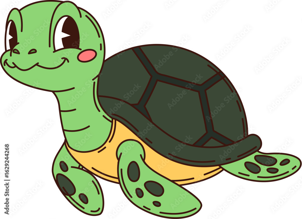 Obraz premium Cartoon groovy turtle character with cheerful expression, blushing cheeks and bright eyes, featuring dark green shell and yellow underbelly. Vector cute and friendly y2k sea personage for pirate story