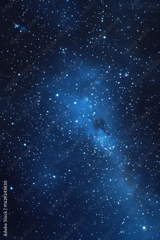 Fototapeta premium Starry sky background, blue night sky full of stars, glowing stars in the dark space, starry background, dark night, stars in the distance, starlight, dark background with a blue glow, night sky. 