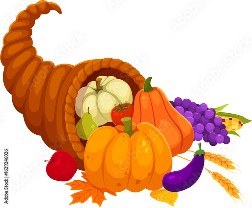 Cartoon cornucopia happy Thanksgiving holiday and harvest symbol. Isolated vector horn with plenty of fruits and vegetables. Apple, pear, grape bunch, autumn leaves, tomato, eggplant and ripe pumpkin