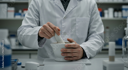 A pharmacist grinds medication with a mortar and pestle in a pharmacy setting.