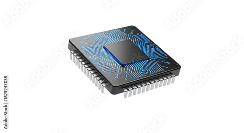 3d illustration of computer processor chip with glowing blue circuits, isolated on transparent background