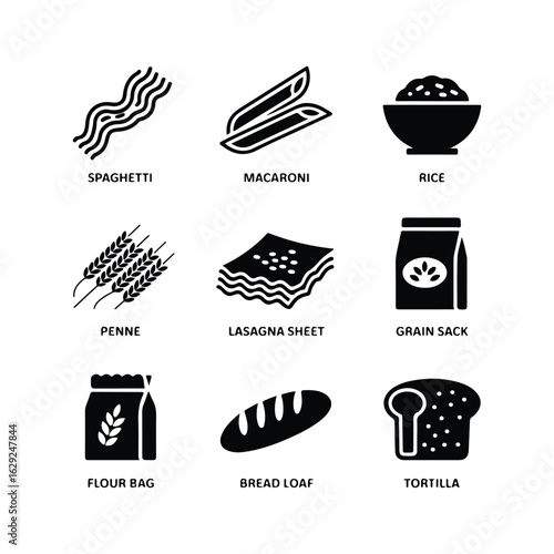 Collection of black and white icons representing various food items and ingredients spaghetti macaroni
