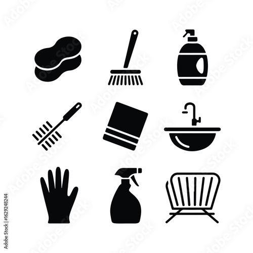 Black cleaning supplies icons including sponge broom spray bottle brush sink glove hygiene sanitation