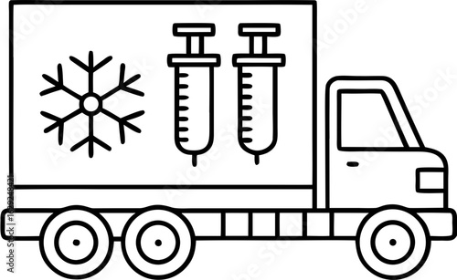 Medical storage and transport truck with snowflake and syringe symbol for healthcare logistics