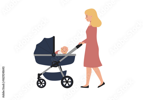 Mother Pushing Baby in Stroller Cartoon Style Illustration.