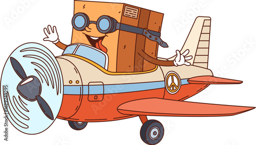 Cartoon groovy delivery cardboard box character flying on the airplane. Vector aerial post service or express shipping retro personage deliver cargo by air. Funny parcel, pack fly on vintage plane