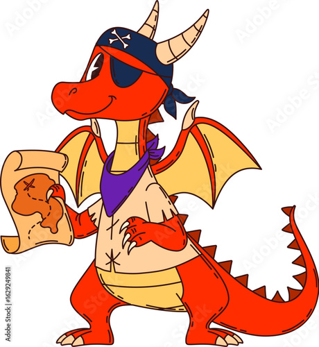 Cartoon dragon animal pirate and corsair ship crew character with treasure map. Isolated vector fantasy captain personage dressed as a filibuster complete with an eye patch, exuding adventurous spirit