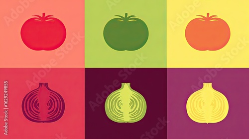 Colorful Tomato & Onion Pop Art Food Icons