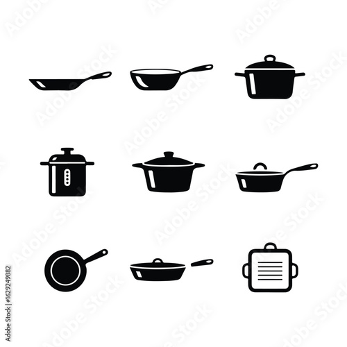 Collection of black and white cooking pot and pan icons kitchen cookware