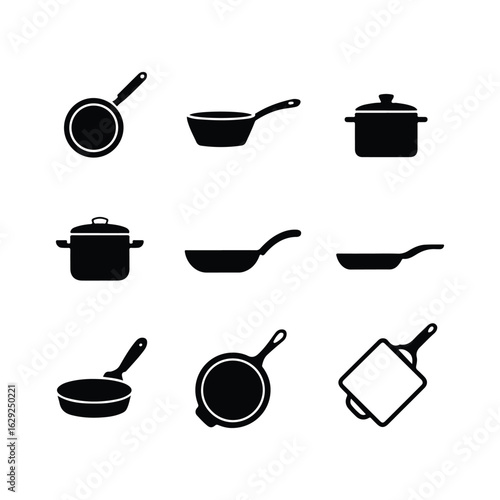 Collection of Black Silhouettes of Cooking Pots and Pans on White Background kitchen cookware