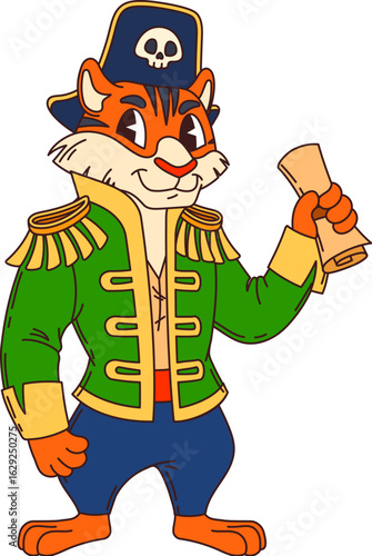 Cartoon funny tiger pirate and corsair animal character with a scroll and captain costume. Isolated vector swashbuckling, striped jungle cat personage captures the excitement of nautical adventures