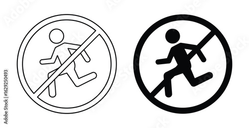 A black and white "no running" safety sign icon set, isolated vector.

