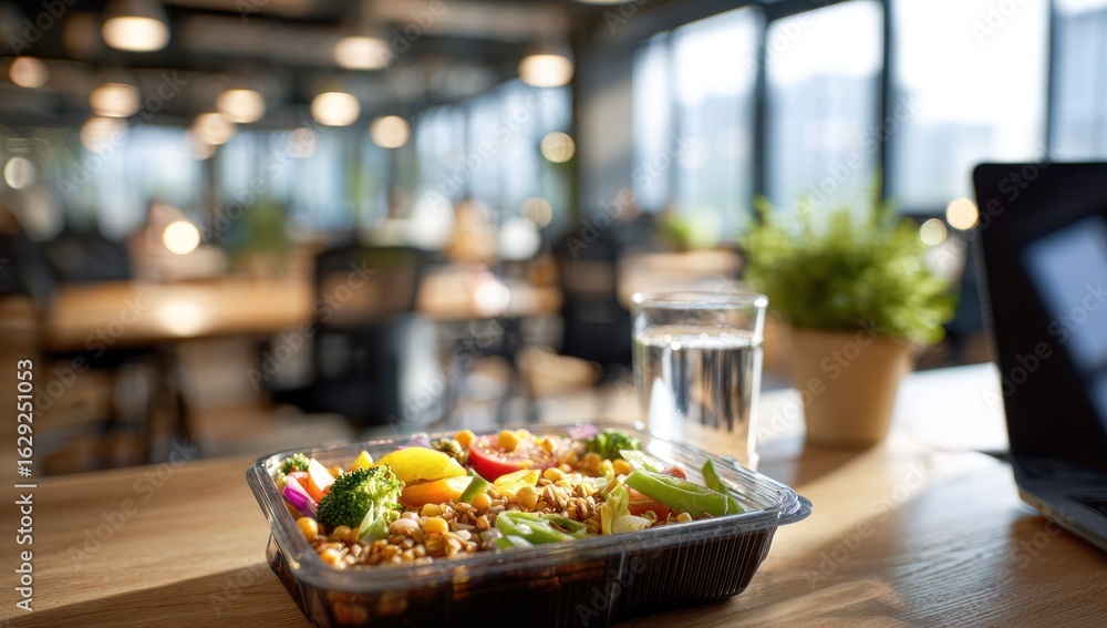 Obraz premium Nutritious Lunch: Colorful Grain Bowl and Water Glass on Wooden Table in Bright Modern Office