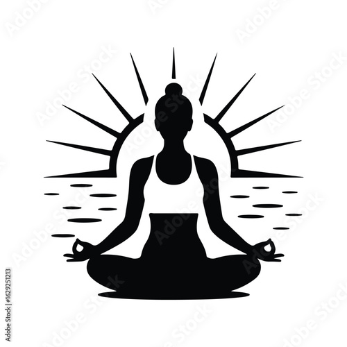 Silhouette of woman meditating in lotus pose with sunburst and water ripples yoga meditation