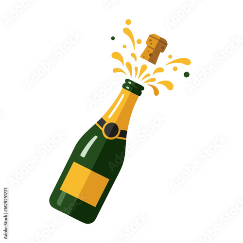 Champagne bottle popping and spraying liquid with cork flying  
