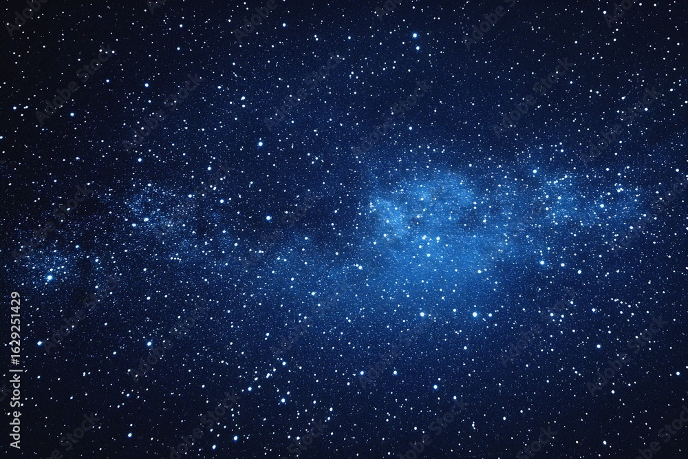 Fototapeta premium Starry sky background, blue night sky full of stars, glowing stars in the dark space, starry background, dark night, stars in the distance, starlight, dark background with a blue glow, night sky. 