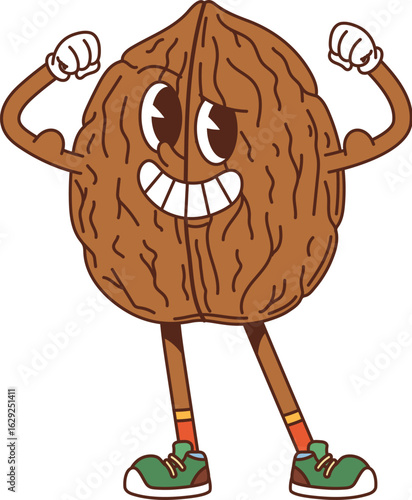 Cartoon groovy walnut strong and happy character. Healthy food and natural nutrition nut Y2K vector cheerful character. Whole walnut isolated happy personage or groovy mascot showing biceps muscles