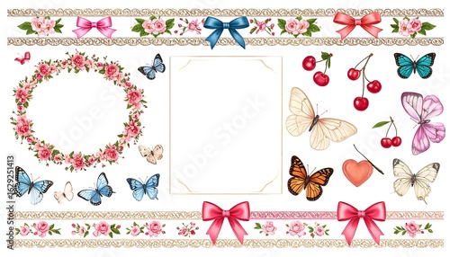 Watercolor Butterflies, Roses, Bows, and Cherries on a White Background