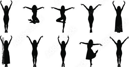 Human silhouette dynamic poses, expressive body movements, raised arm jump stance, artistic gesture vector, motion balance figure, dance posture design