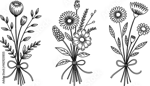 Three floral bouquets tied with ribbon flower