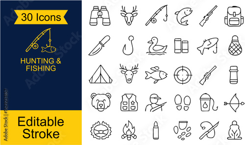 Set of 30 Minimal Hunting & Fishing Icons – Perfect for outdoor, adventure, and sports themes. Includes rifle, bow, fish, rod, trap, and more. Clean vector style for web, app, and print.

