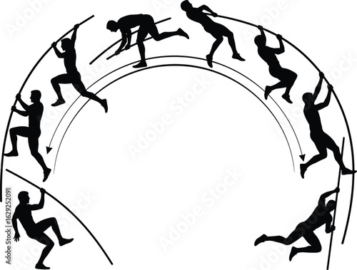  Pole vault silhouette sequence showing athlete running, planting, ascending, and landing, capturing full motion dynamics of track field sport