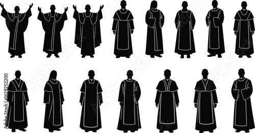 Religious robe silhouette set, spiritual attire illustration, diverse ceremonial clothing styles, cultural garments reference, traditional robes vector for faith studies