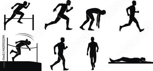 Silhouette Athletes in Various Track and Field Poses, Sports Vector for Fitness, Exercise, Running, Hurdles, Jogging, Rest, High Jump